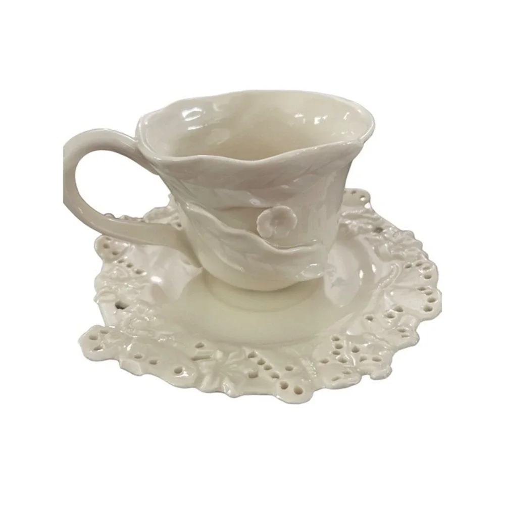 Unbranded Tea Cup Saucer Set‎ Cream Floral Butterfly Reticulated Lace